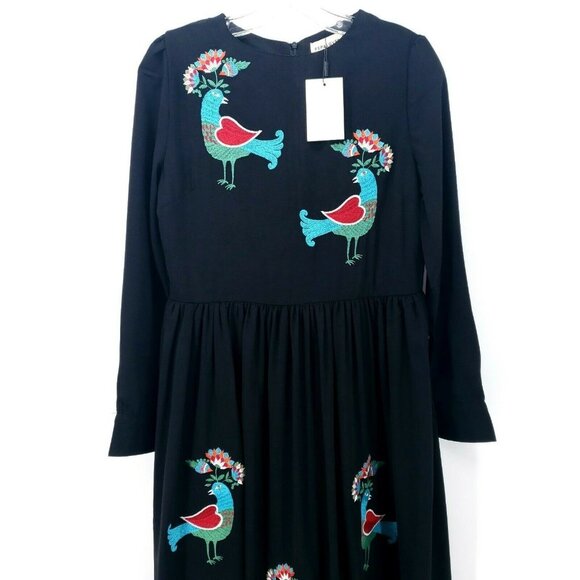 PEPALOVES Birds Embroidered NWT Black Maxi Dress Long-size S - Picture 2 of 11